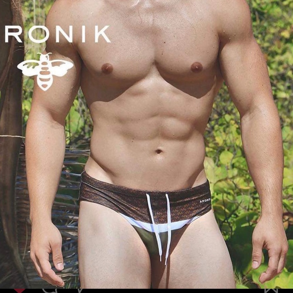 Brand New ARONIK  SWIM BRIEF W/ Tags Green White Brown Bee Pattern LYCRA Men’s M